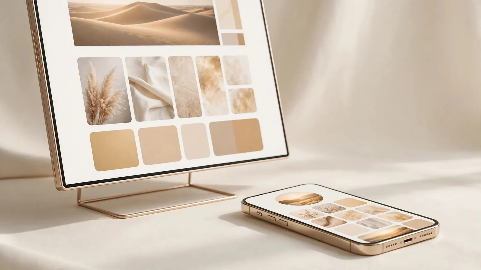 Warm ivory studio with product design work on display: KING AI digital studio