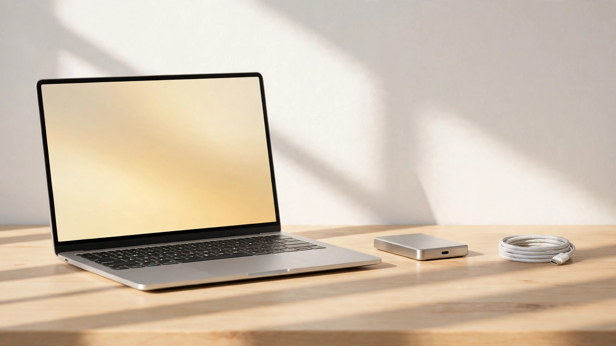 A desk in morning light: a laptop beside an external SSD and a cable