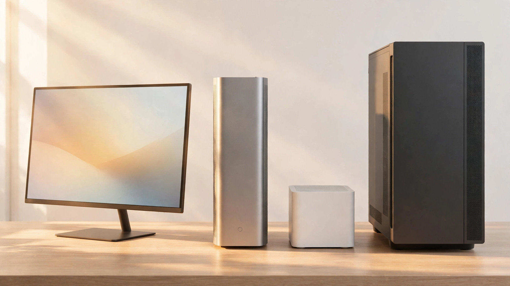 The four KINGAI OS editions side by side: a monitor, a desktop tower, a compact edge unit and a workstation tower