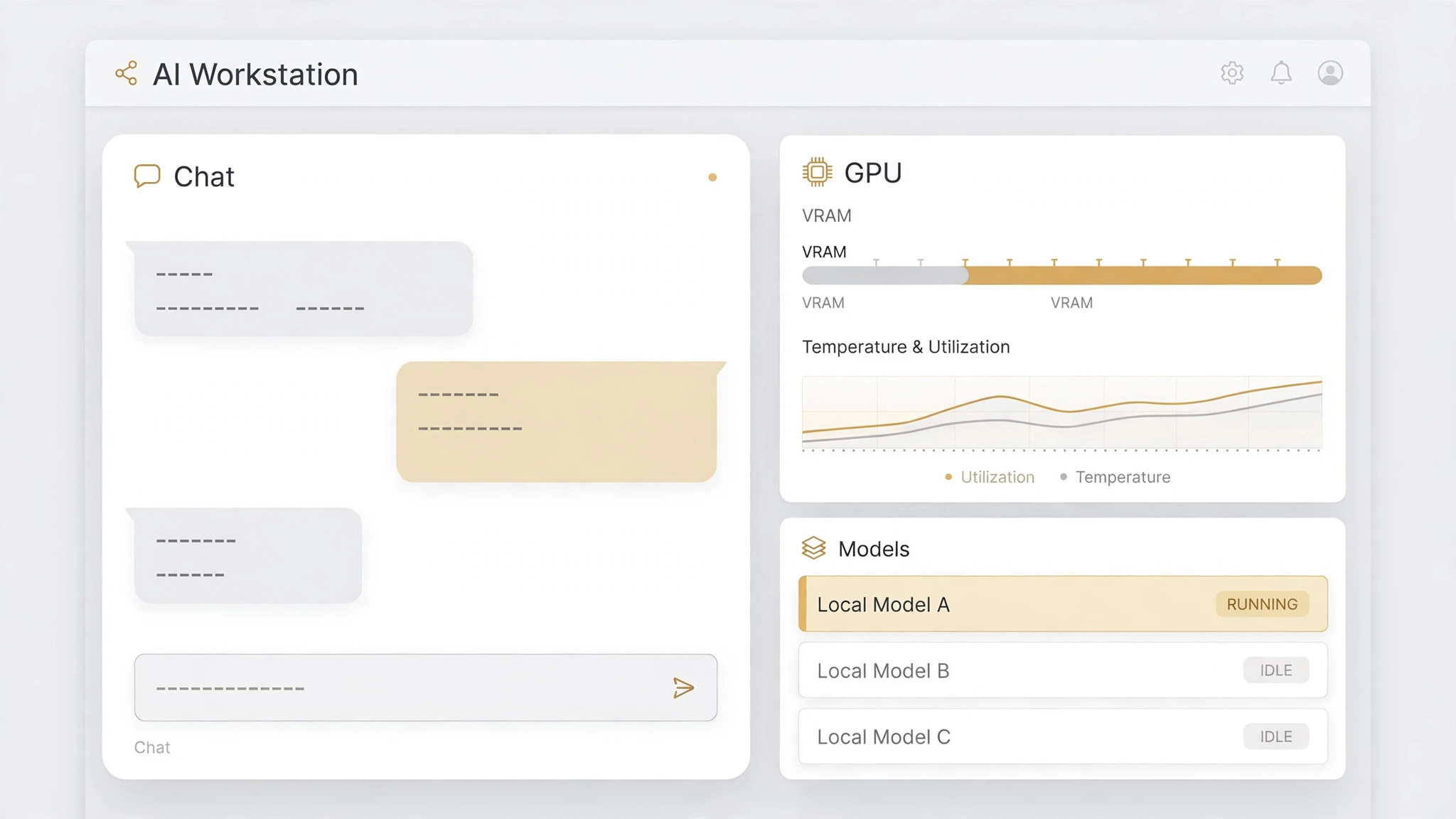 KINGAI OS AI Workstation 界面示意:本地模型对话面板与 GPU、显存状态面板并排的工作站界面