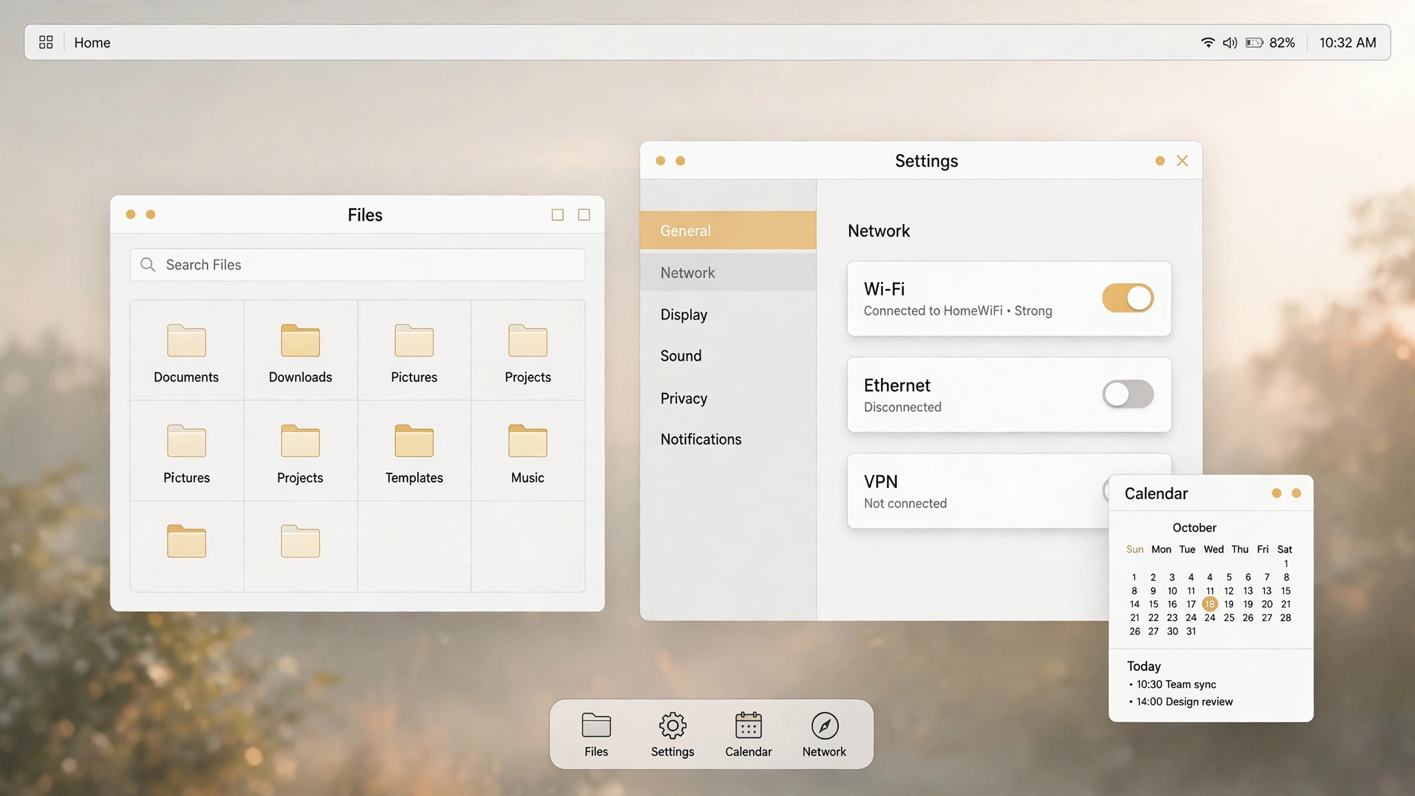 KINGAI OS Desktop 界面示意:文件管理器、系统设置与日历并排打开的桌面,底部是居中 dock