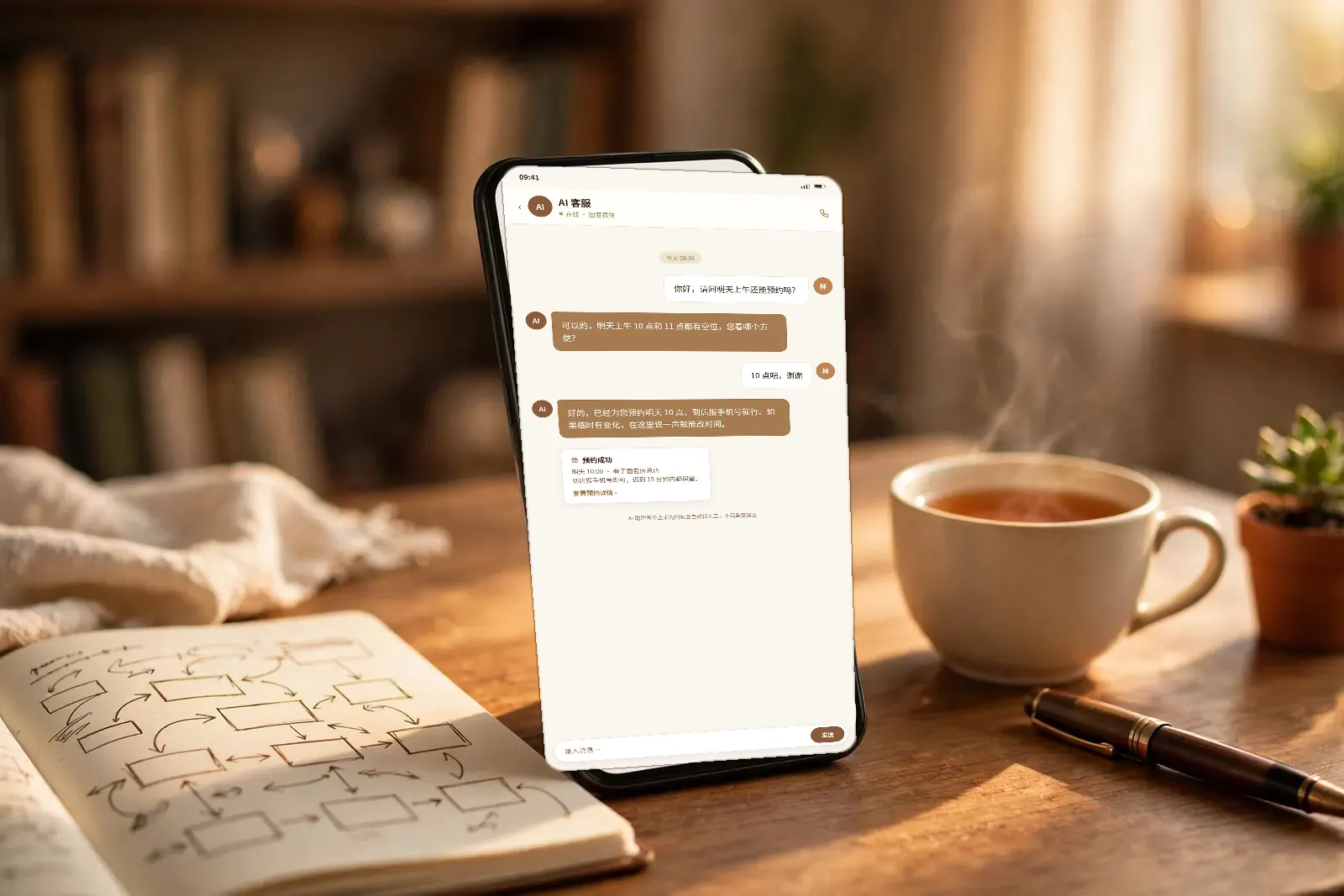 A phone standing on a desk, a chat with an AI support agent open on its screen, a notebook of hand-drawn flowcharts and a cup of tea beside it