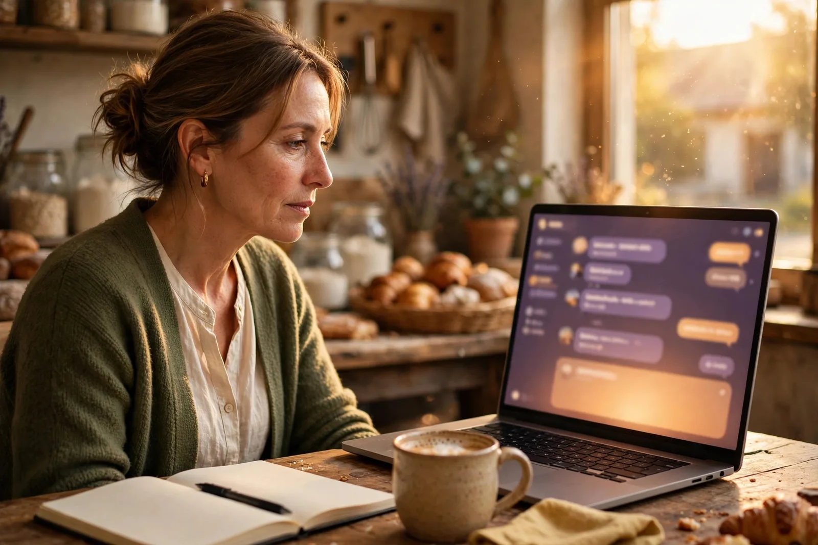 A bakery owner at a wooden desk looking at a laptop showing a blurred AI chat interface, evening light through the window