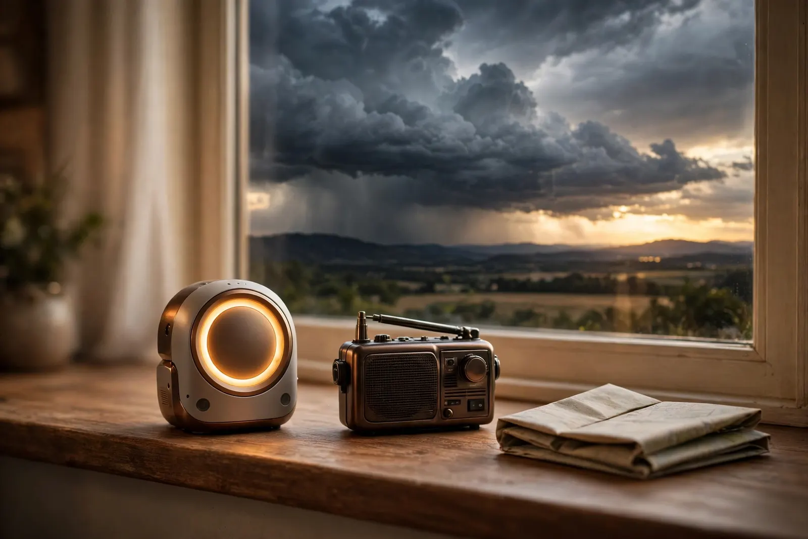 An emergency radio and a small weather station on a windowsill, storm clouds gathering over distant hills outside