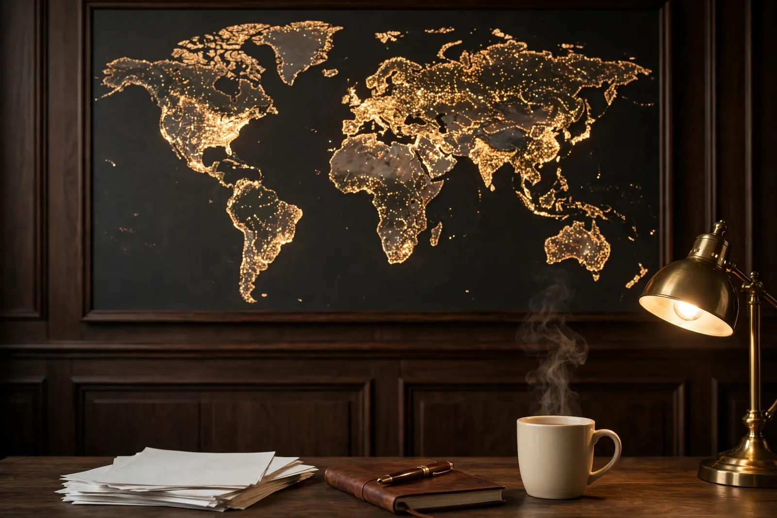 A world map of golden light dots on a dark wood wall, a briefing, a leather notebook and hot coffee on the desk