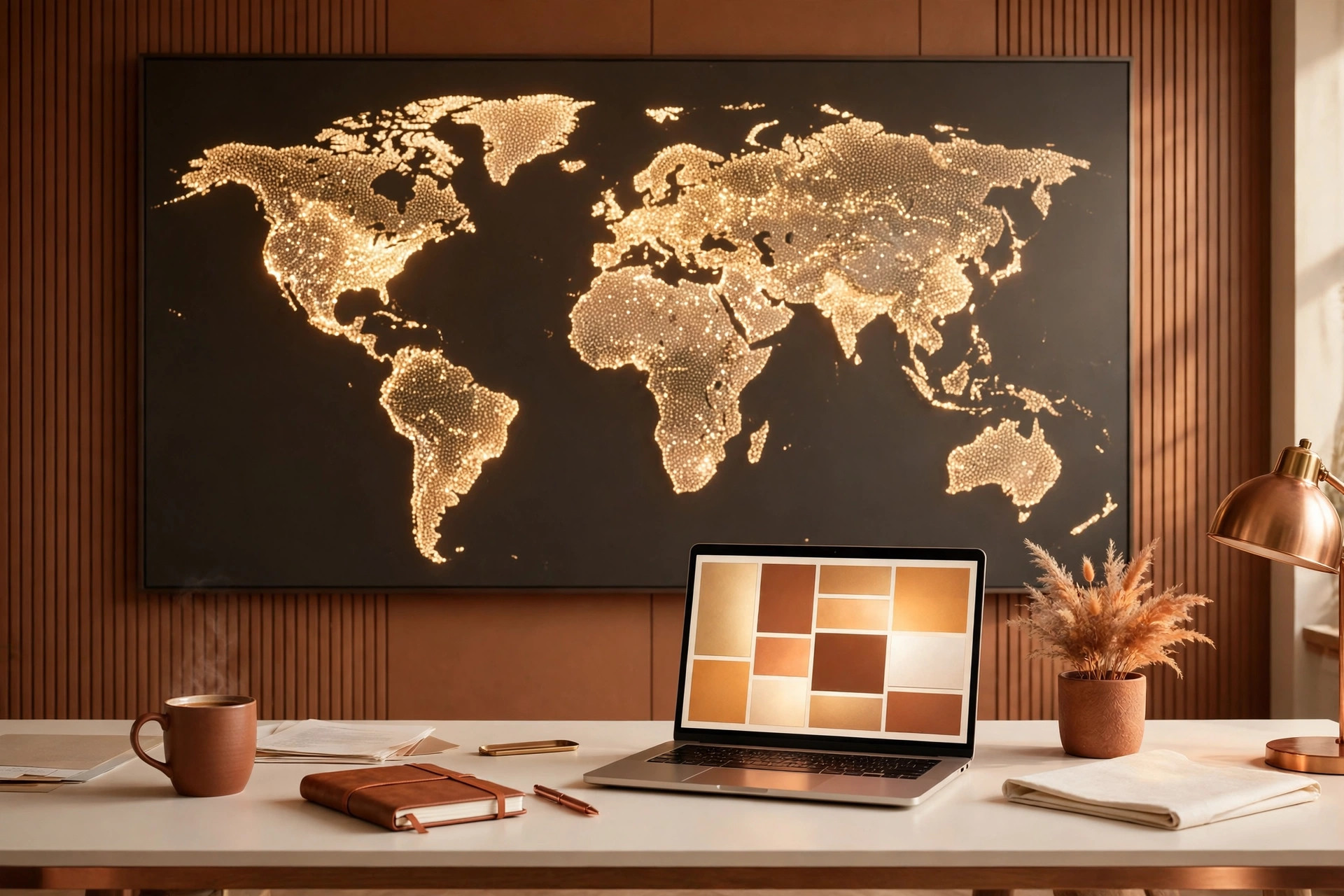 A glowing world map and a wall of news photo cards in a warm-toned room — Global Intel