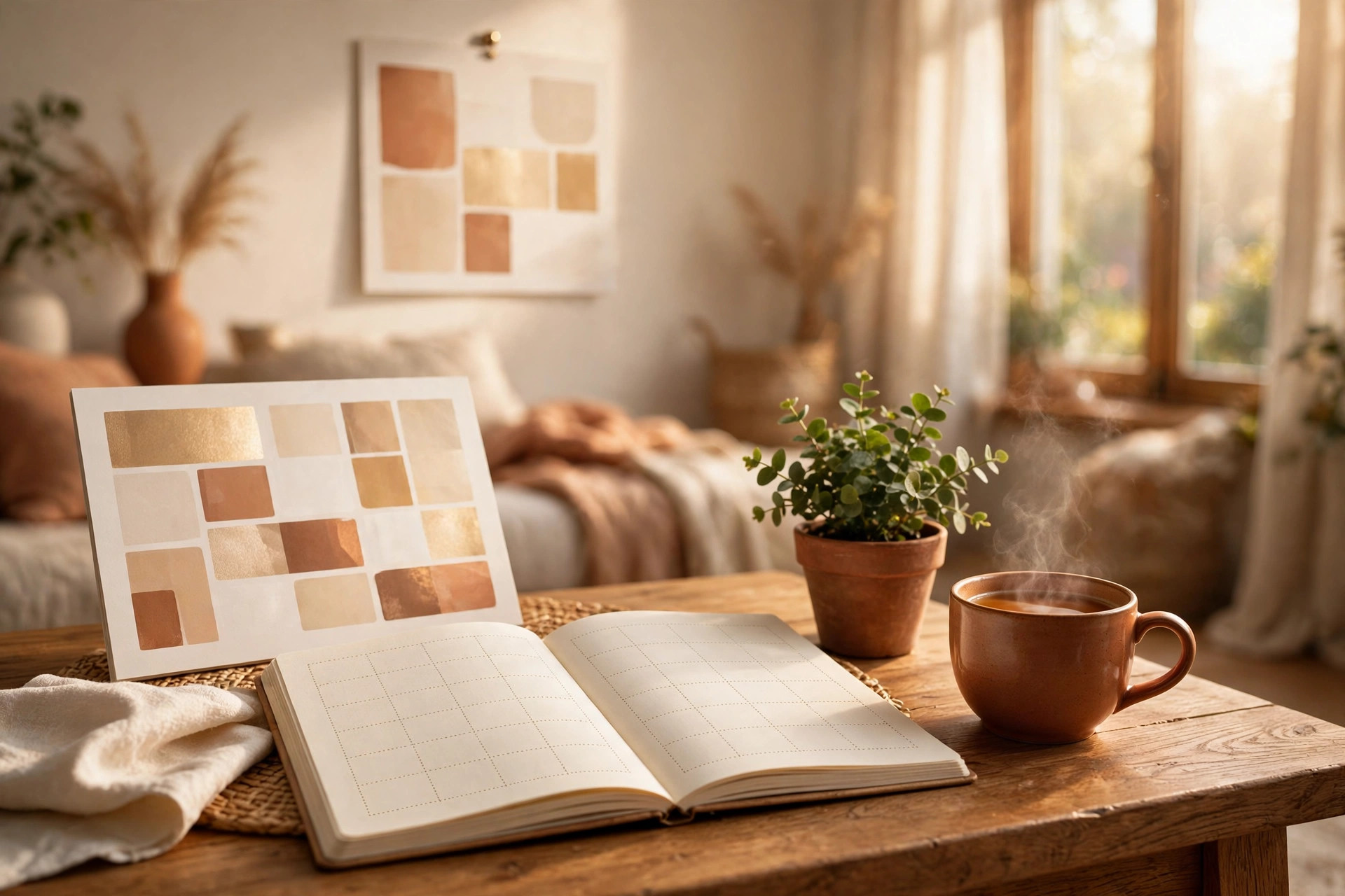 A corner of a warm-toned living room, with a sofa and coffee table — AI Life