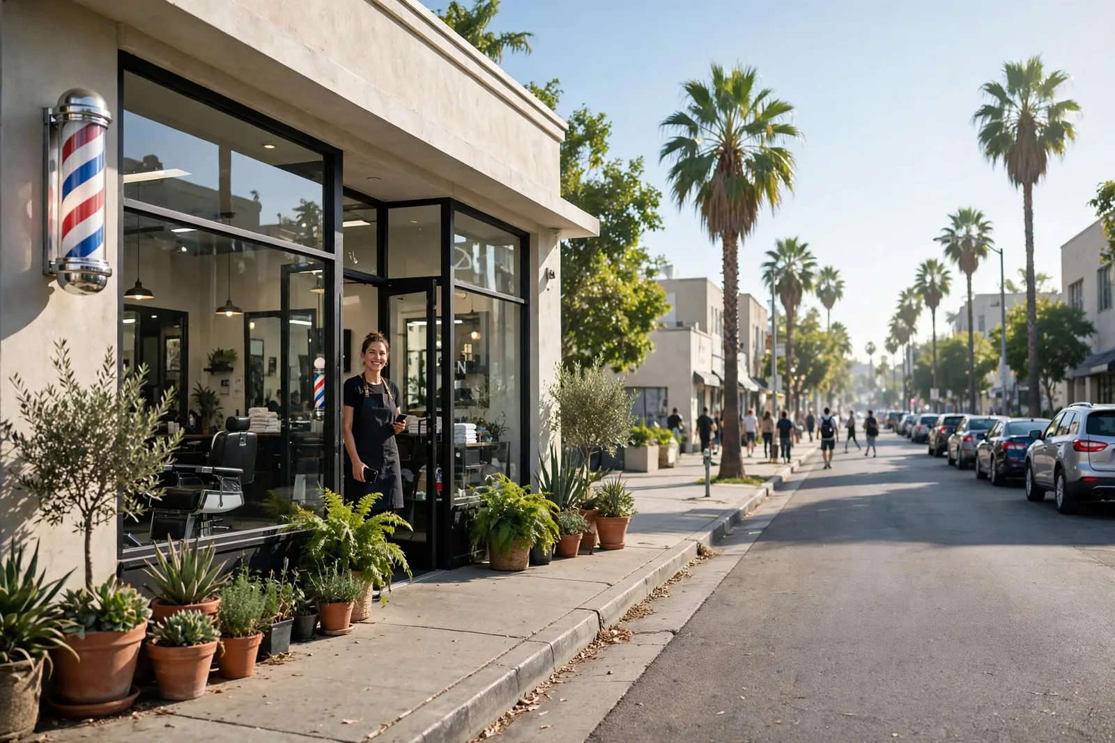 A barber shop storefront on a Los Angeles street, the owner standing in the doorway holding a phone, palm trees and parked cars in morning light