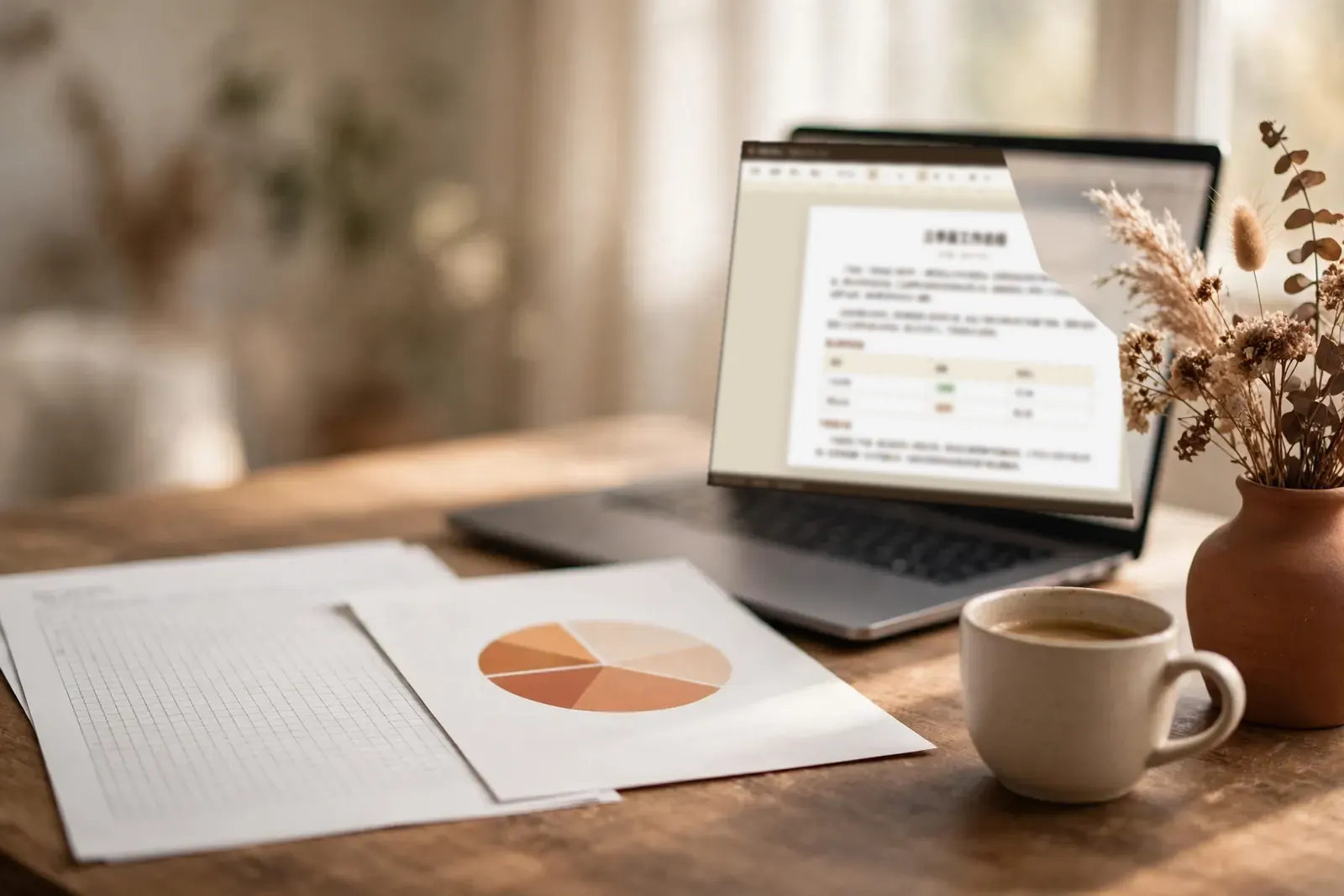 Printed spreadsheet pages spread on a desk, a quarterly summary document open on the laptop screen