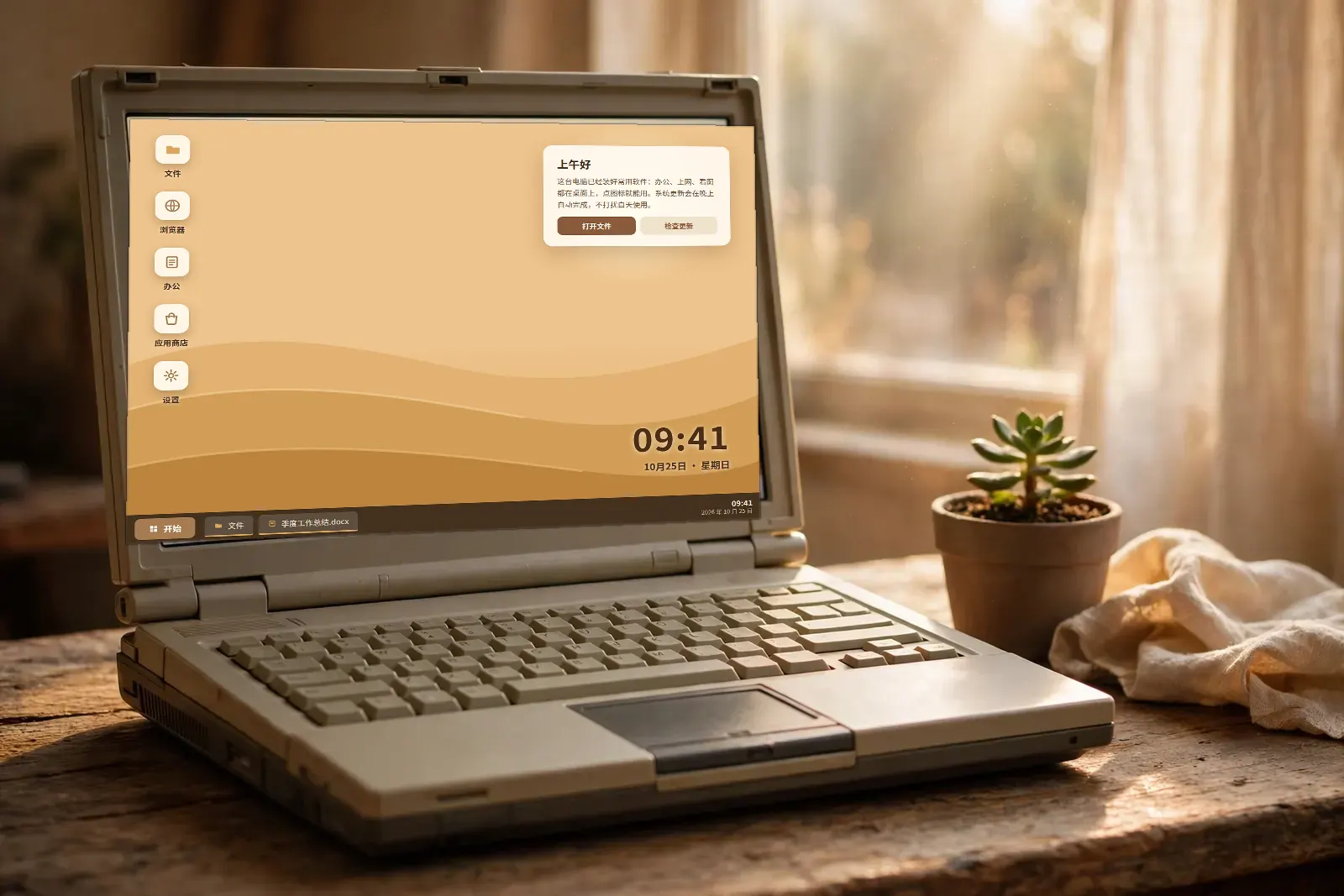 A vintage laptop by a window, switched on, neat app icons and a taskbar on its desktop, a small succulent beside it