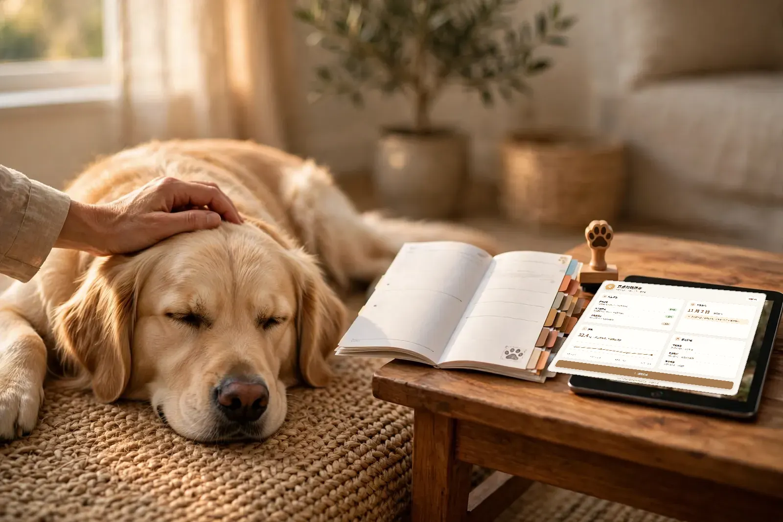 A golden retriever asleep on a woven rug, a hand resting gently on its head, its health record book open on the tablet on the side table