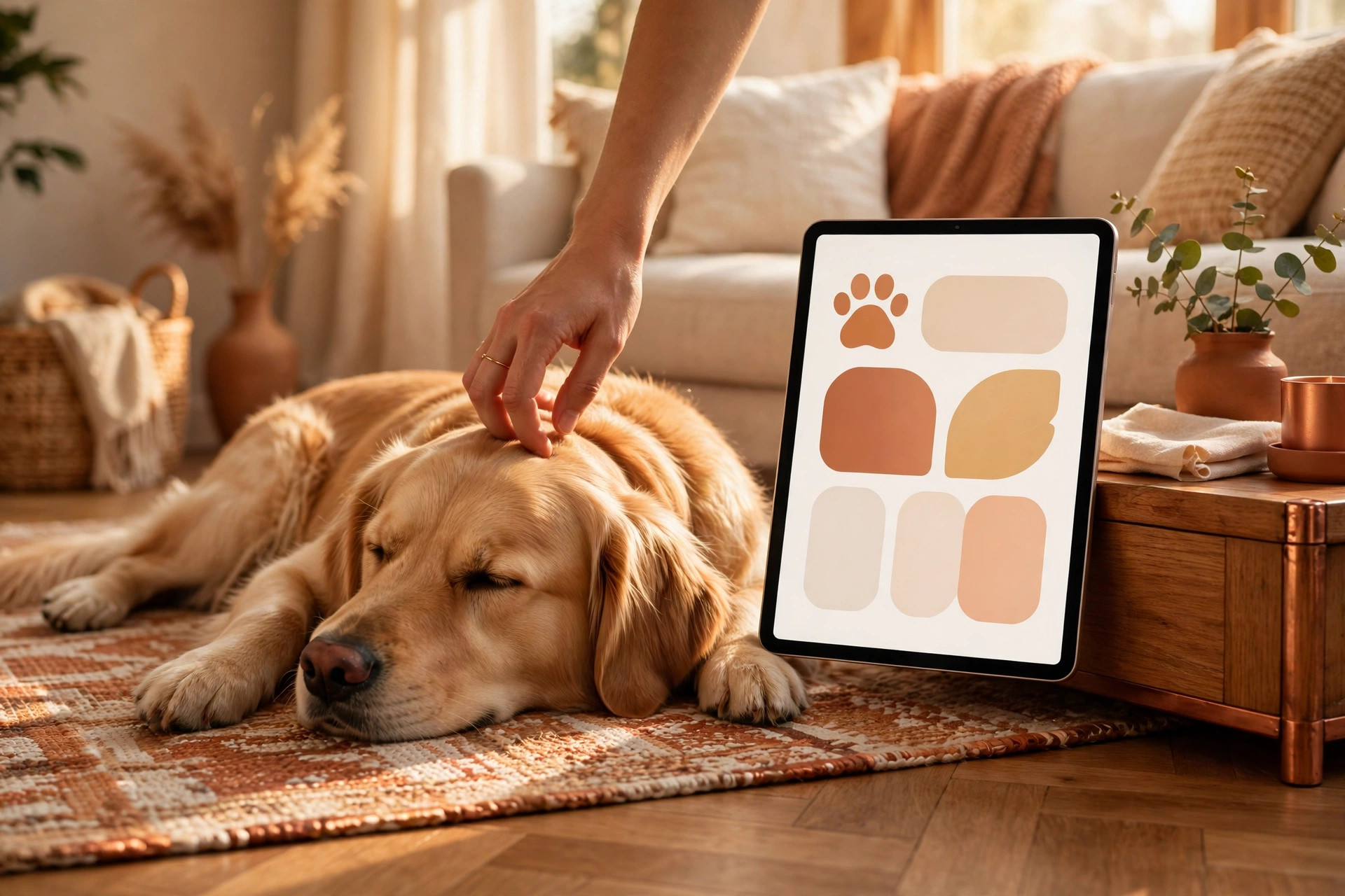 A pet dog beside a tablet showing a pet care interface — Pet Manager