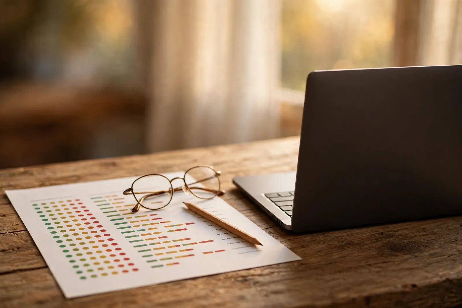A printed security checkup report on a wooden desk, findings ranked by colored dots and bars, glasses and a pencil resting on it