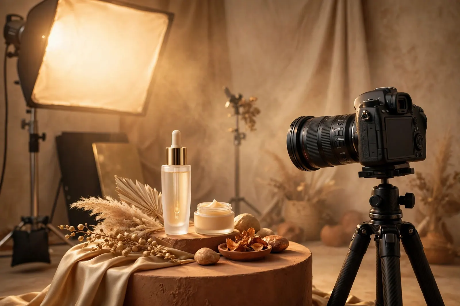 Product display and studio lighting in a warm gold studio