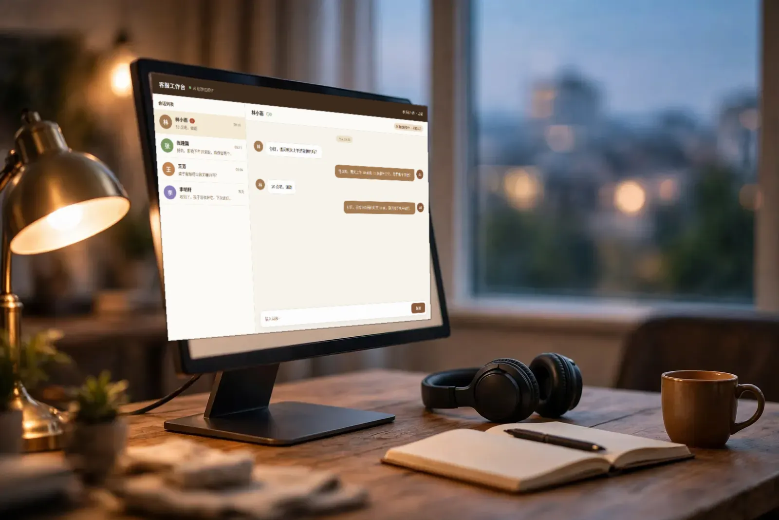 A desk in an office at dusk, a customer service chat console open on the monitor, headphones and a notebook beside it