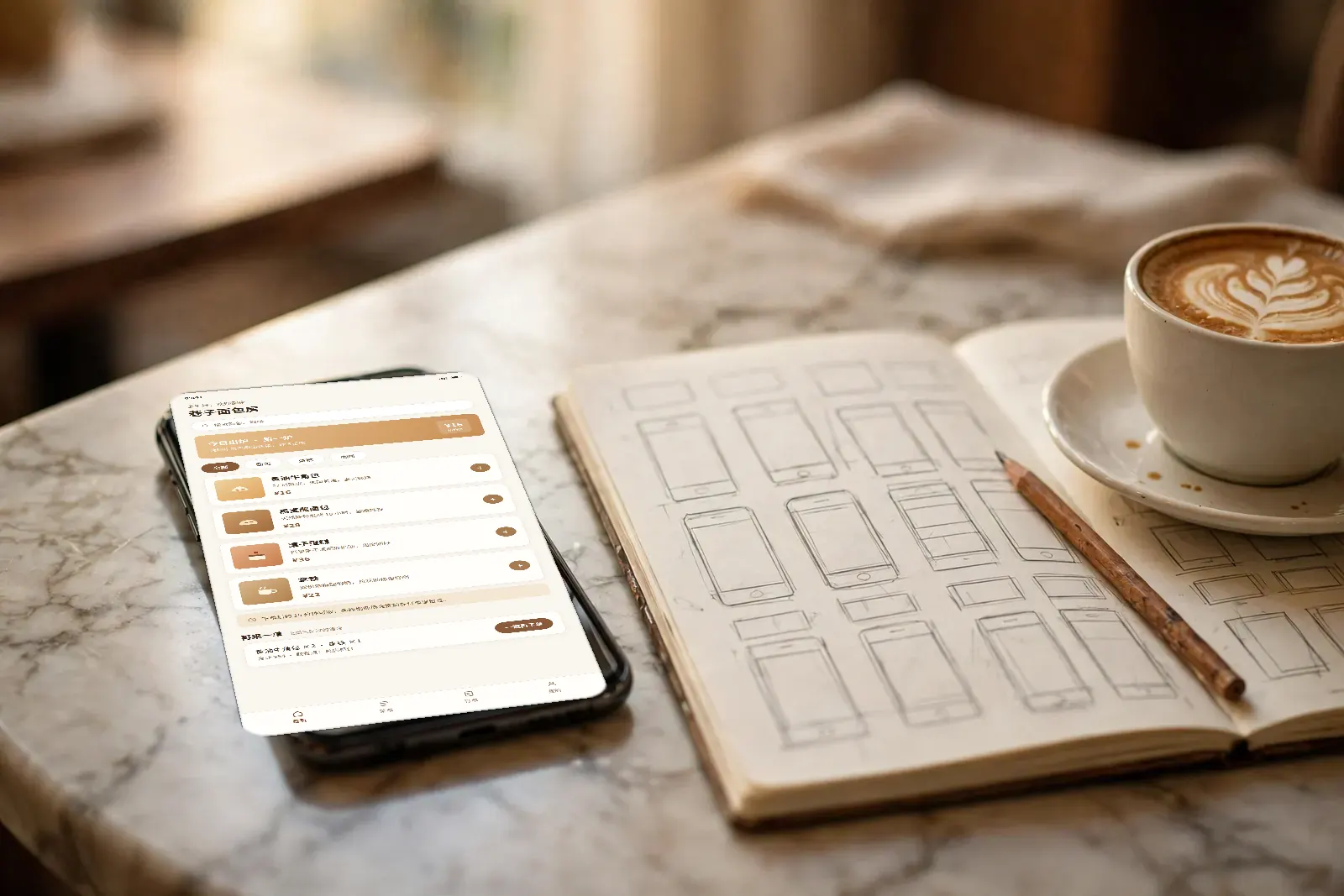 A phone lying flat on a cafe table, the bakery ordering app open on its screen, a sketchbook of hand-drawn wireframes beside it
