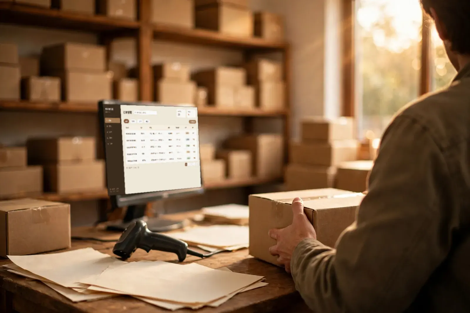 At a packing bench in a small warehouse, an order management screen open on the monitor, a worker holding a parcel, shelves of packages behind