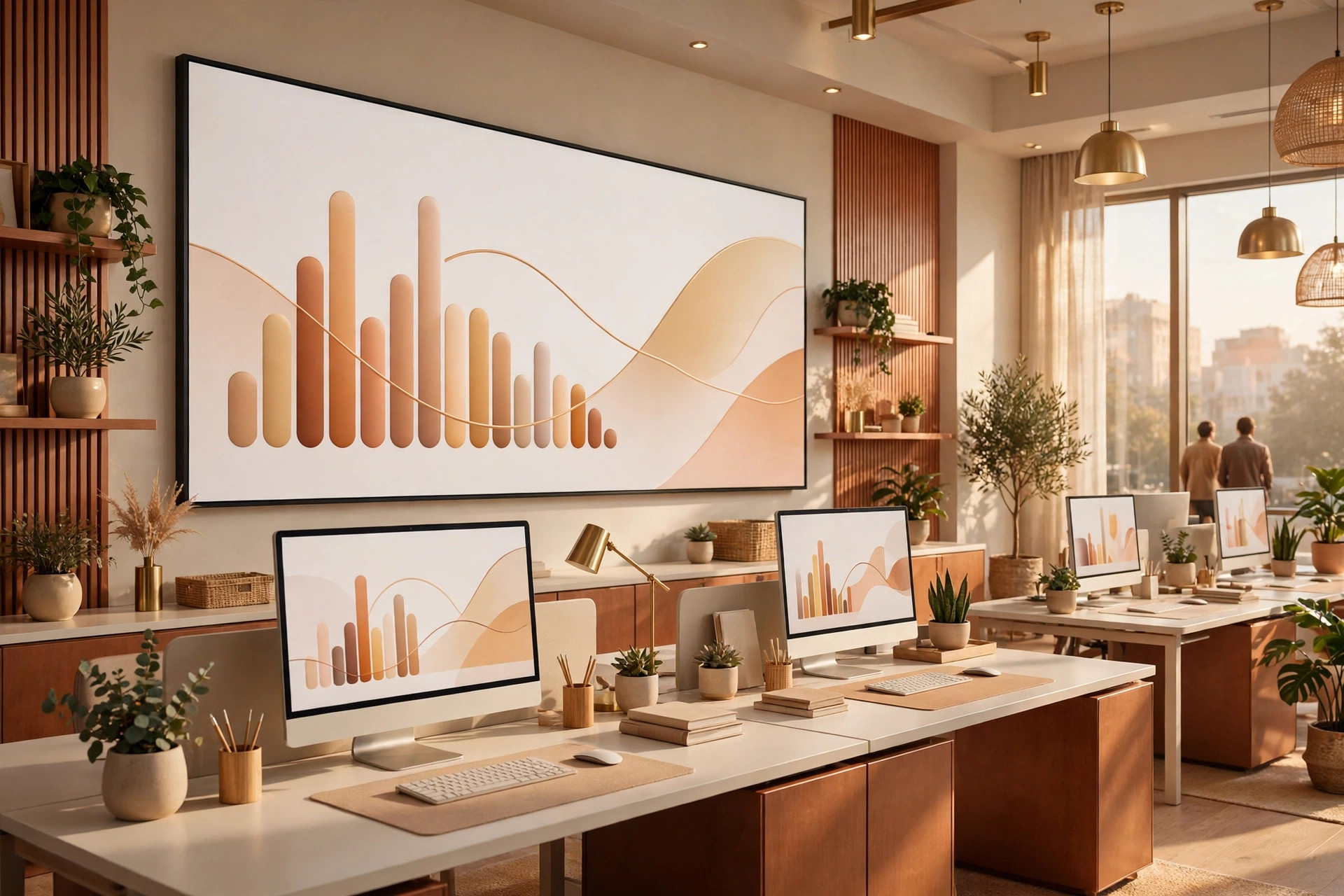 A large data dashboard in an office, with charts and business metrics at a glance — custom software and systems