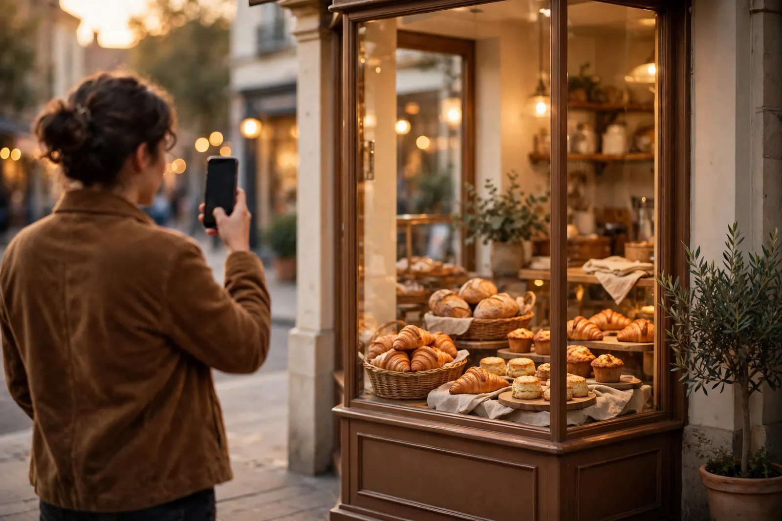 Outside a bakery shopfront at dusk, a passerby holds up a phone as warm light glows from the window