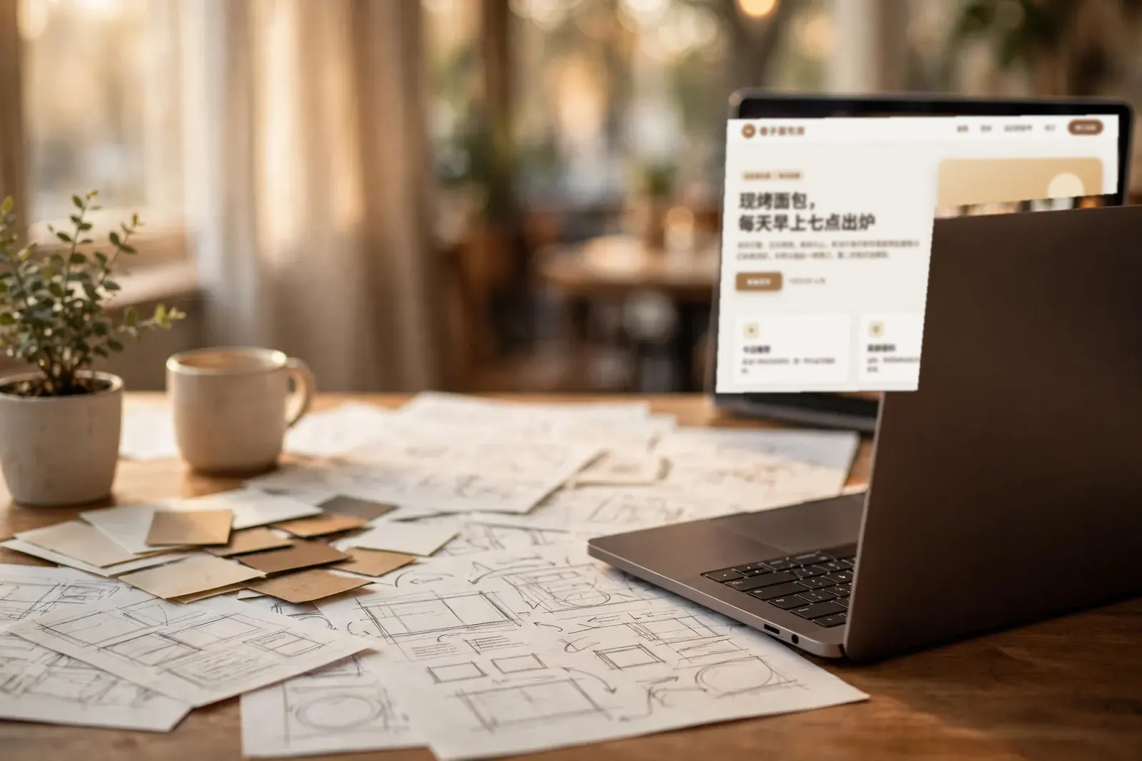 Wireframe sketches and color swatches spread on a design desk, the bakery website being designed open on a monitor behind